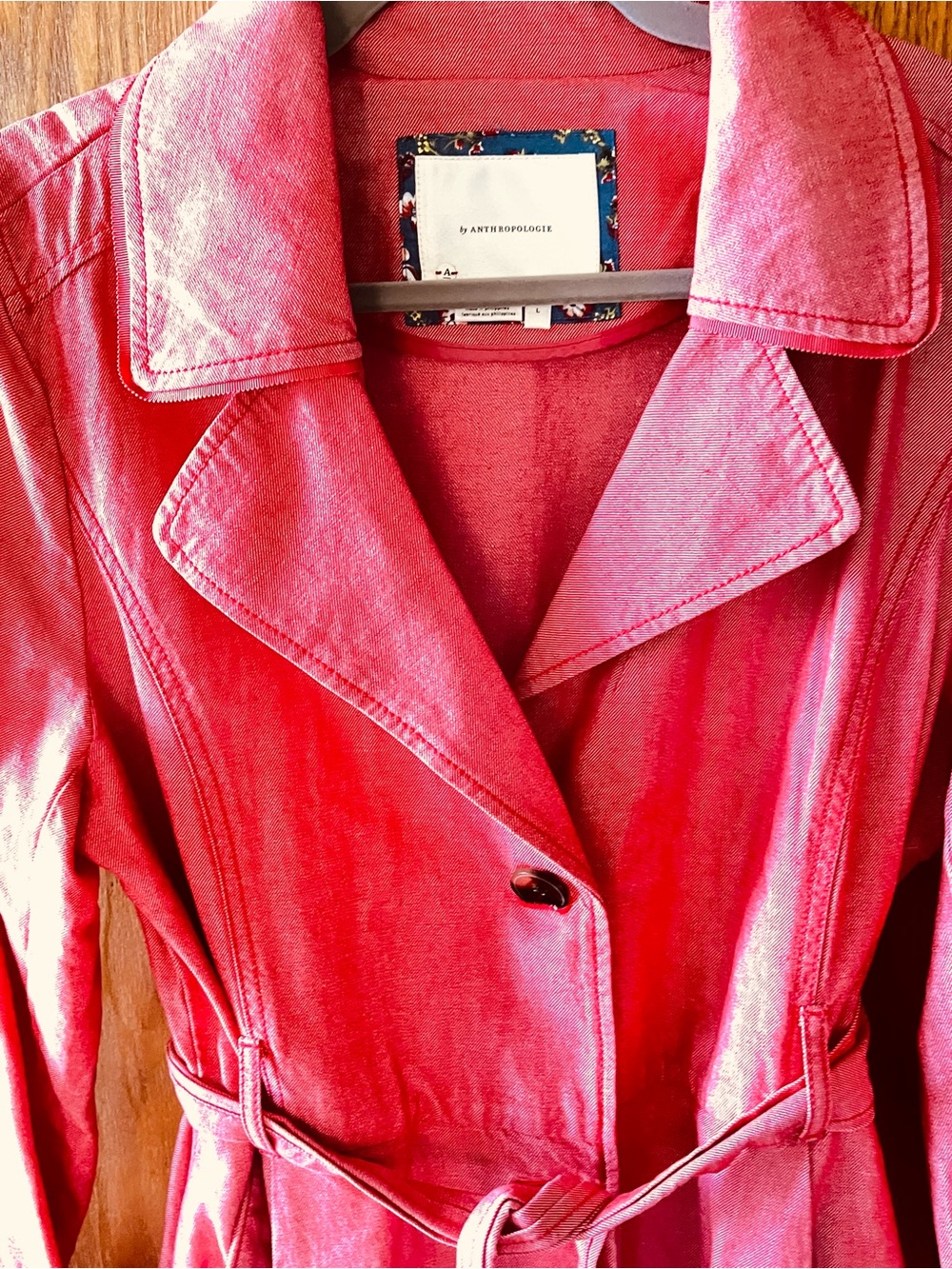 Anthropologie Salmon-coral Light Denim Belted Trench Coat